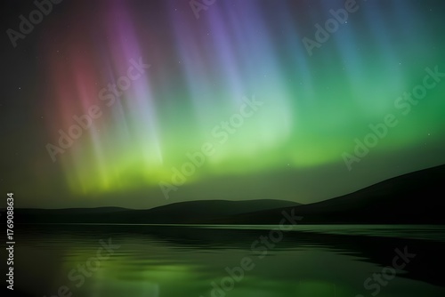 Wallpaper Mural Vibrant aurora borealis dancing in the night sky above a serene lake reflecting the colorful celestial display and silhouetted mountains Torontodigital.ca