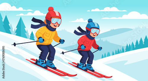 Two children skiing down a snowy slope with trees in the background on a clear day