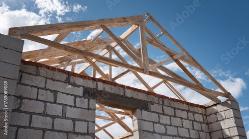 Wallpaper Mural Construction of a building's skeleton. Exposed wooden roof supports atop cinderblock walls Torontodigital.ca