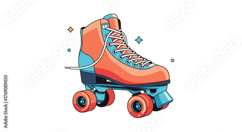 A vibrant and retro-styled orange and blue roller skate with white laces and orange wheels, featuring a playful design.