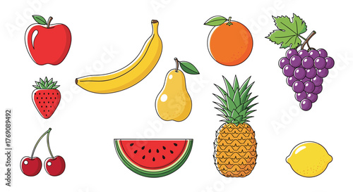 A cheerful and diverse collection of fresh, ripe fruits like apples, bananas, oranges, and pineapples, beautifully arranged on a white background.