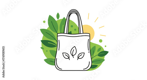 Illustration of a reusable white canvas bag adorned with leaves, surrounded by green foliage and a shining sun, promoting eco-friendly living.