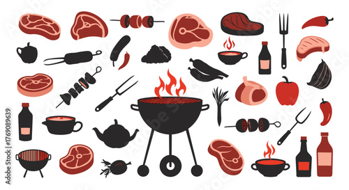 A collection of flat design illustrations featuring various barbecue meats, fresh vegetables, grilling tools, and sauces for summer outdoor cooking.