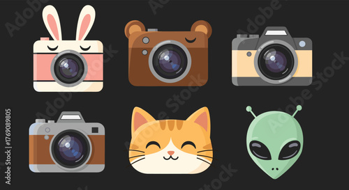 A fun collection of cartoon animal-themed cameras, classic cameras, a smiling cat, and a friendly alien icon set on a dark background.