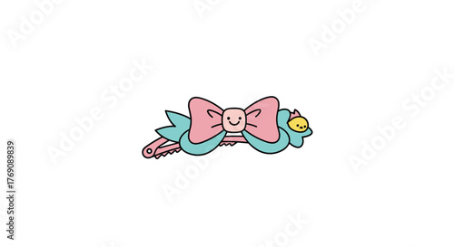 Charming doodle-style hair clip featuring a soft pink bow with a happy face, light blue accents, and a sweet little yellow bird.