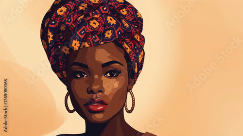 Stylish African Woman Portrait – Vibrant Headwrap, Soft Gradient, Flat Vector Style, Ai generate