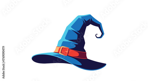 A stylized blue witch's hat, complete with an orange band and a pointed, curled tip, perfect for fantasy and Halloween designs.