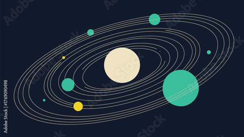 Illustration of a solar system with planets orbiting a star on a dark blue background space art