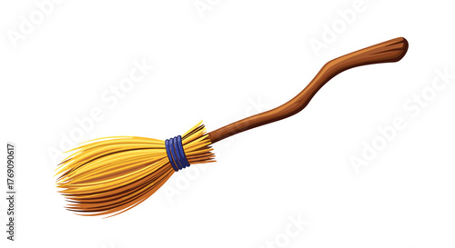 An illustration of a classic witch's broom, featuring a crooked wooden handle and golden bristles bound with a bright blue rope.
