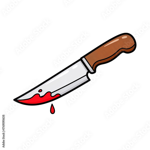 Bloody kitchen knife with red blood dripping from the blade  