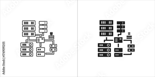 Outline and filled black server rack network diagram