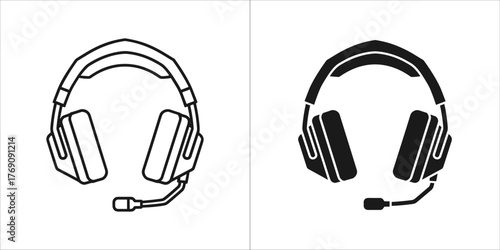 Line art and silhouette of gaming headphones with microphone