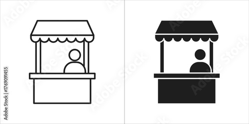 Outline and filled icon of a market stall with a person behind the counter