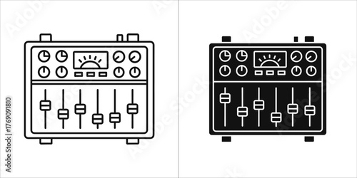 Set of two audio mixing consoles, one outlined and one solid black