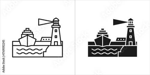 Outline and solid black icon of a ship and lighthouse