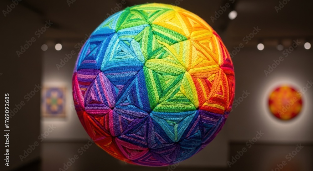 Fototapeta premium Rainbow yarn sphere in a museum setting, with blurred art in background