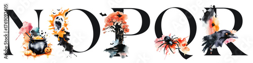 Halloween alphabet letter N O P Q R with watercolor illustrations