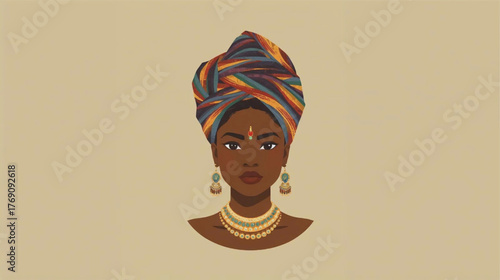 African woman wearing colorful headwrap and jewelry, minimal flat style portrait Ai generate
