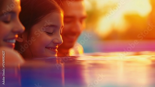 Fototapeta Naklejka Na Ścianę i Meble -  Family enjoying a sunset swim in a swimming pool