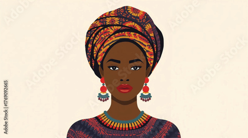 African woman wearing colorful headwrap and jewelry, minimal flat style portrait Ai generate