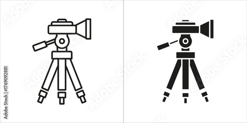 Line art and solid black silhouette of a camera tripod