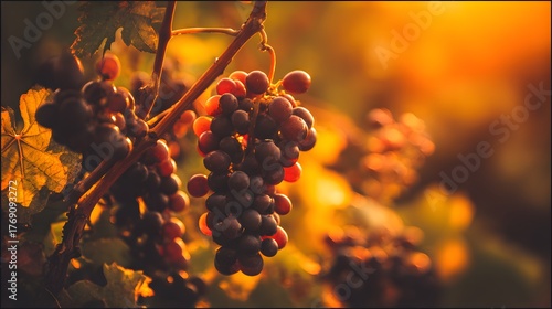  Deep red Sangiovese grapes ripening on the vine in a vineyard at sunset.