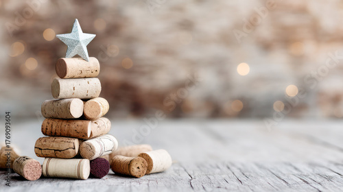 Stacked wine corks arranged in a festive Christmas tree shape with a star on top, creating a charming holiday decoration concept for celebrations