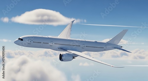 Boeing 787 Dreamliner soars through the sky above the clouds.