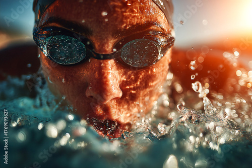 Outdoor swimmer practices laps in bright sunshine at a lively pool Generative AI