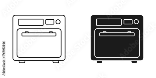 Two icons of a compact oven or toaster oven, one outline and one solid black
