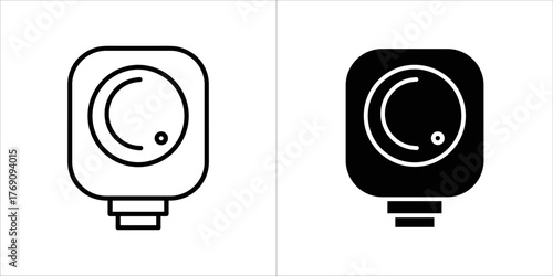 Simple line icon of a camera lens, with a solid black version on