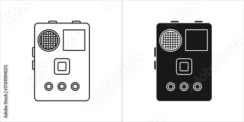 Line icon of a portable audio recorder, with a solid black version on
