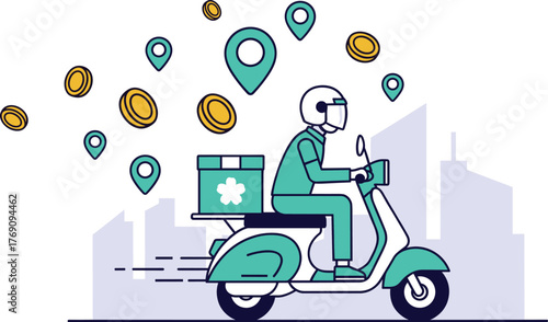 Urban scooter delivery illustration with green box, location pins, fast motion, financial icons, gig economy, and logistics concept artwork