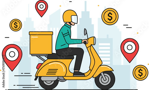 Yellow scooter delivery illustration with teal jacket, city buildings, location pins, coins, urban logistics, gig economy, and fast service concept