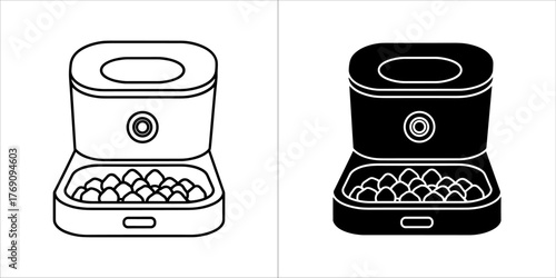 Two icons of an automatic pet feeder with food, one outline and one solid