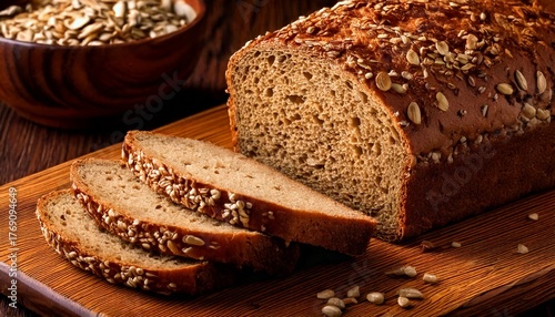 closeup of a rustic, seeded loaf of whole grain bread, sliced and arranged on a wooden cutting  board
