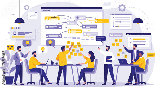 Team brainstorming illustration with flowchart, sticky notes, digital screens, project planning, task tracking, and collaborative office workspace concept