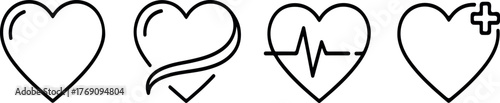 Set of four minimalist line art heart icons on a white background, depicting love, health, heartbeat, and medical care symbols