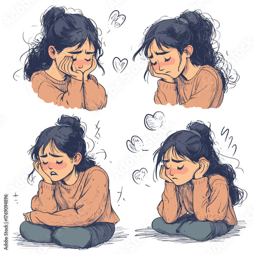 Anxious and Depressed Women Struggling with Emotions. Hand drawn style vector design illustrations.   , vector style simple color