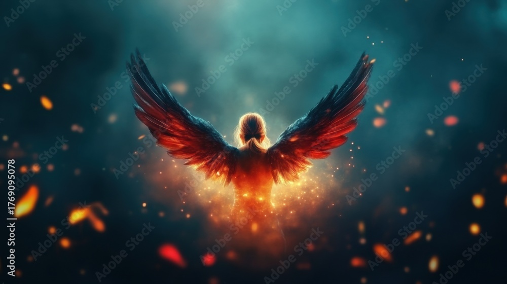 Fototapeta premium Majestic fiery phoenix rising amidst colorful embers in night sky