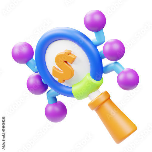 Playful 3D Dollar Sign Magnifying Glass with Connected Nodes Illustration
