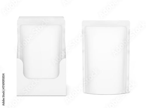 Blank shelf-ready box  with stand up pouch bag mockup. Front view. Vector illustration isolated on white background. Ready for your design. EPS10.