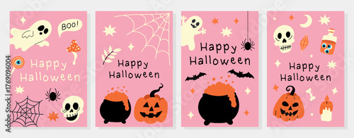 Set of cute Halloween greeting cards in pink color palette featuring ghosts, pumpkins, and spider webs. Flat vector style for decoration and design projects.
