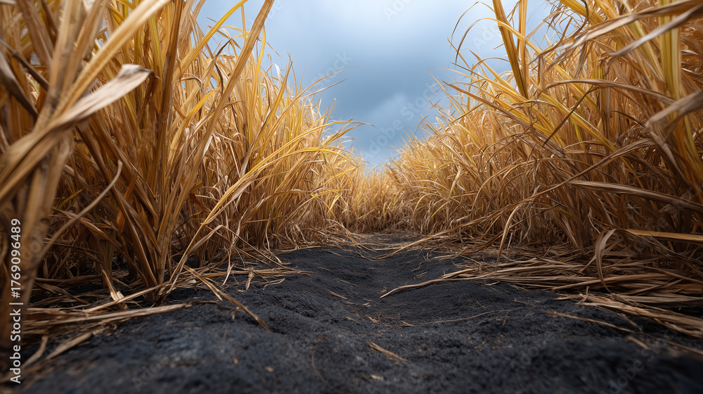 Fototapeta premium Lush Golden Grass Fields Under Dramatic Cloudy Sky Landscape From Ground Level Perspective Nature Scenery for Agricultural Themes and Countryside Backgrounds