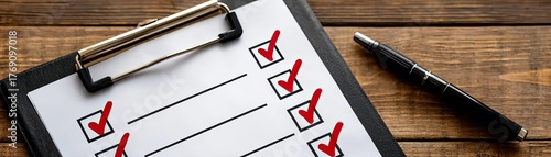 Clipboard with rules checklist and red checkmarks concept. A checklist on a clipboard with checked items and a pen.