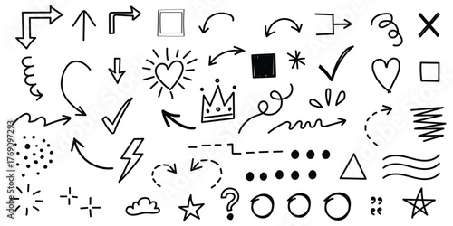 Line shape marker underline, arrow, heart brush element set. Hand drawn sketch marker underline shape, arrow, heart scribble brush pen stroke element. Crown, love graphic icon. Vector illustration