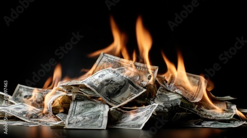 Flames engulf a pile of folded banknotes against a stark black backdrop, symbolizing waste