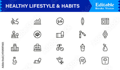 Healthy Lifestyle And Habits Modern Minimal Line Icon Collection Focused on Wellness, Discipline, Balance, and Daily Positive Routines