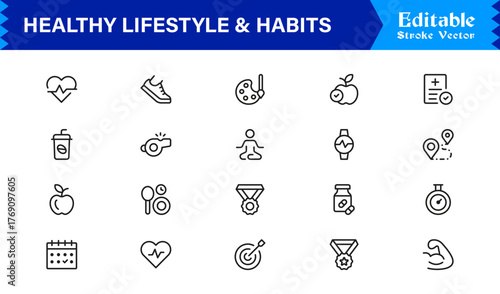 Healthy Lifestyle And Habits Modern Minimal Line Icon Collection Focused on Wellness, Discipline, Balance, and Daily Positive Routines