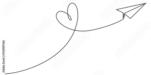Continuous one line drawing of heart and paper plane flying up. Concept of idea emergence. Vector illustration
